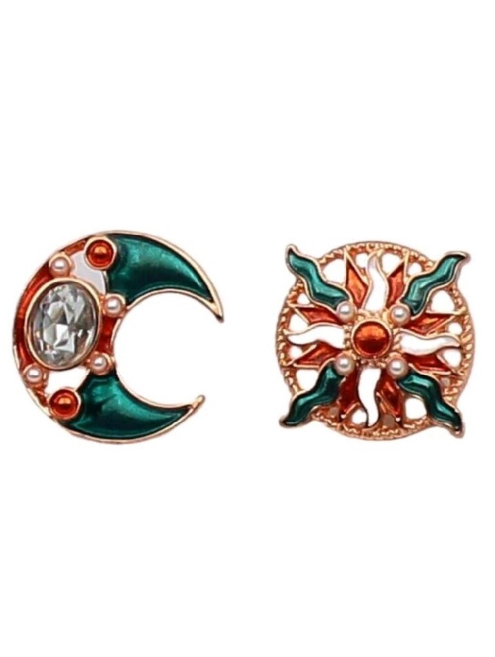 NEW! Celestial Gemstone & Pearl W/Green and Gold Moon & Sun Enamel Stud Earrings